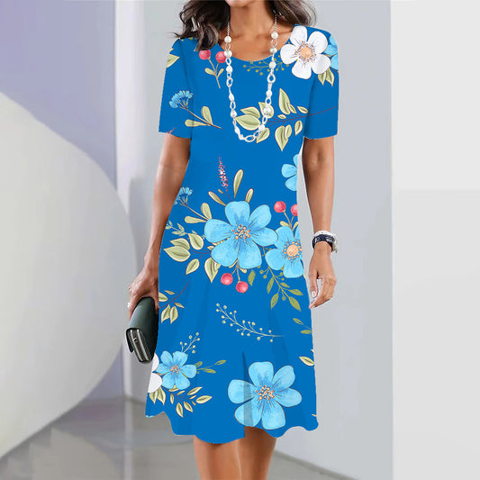 3d Floral Blue Printed Round Neck Fashion Party Dress