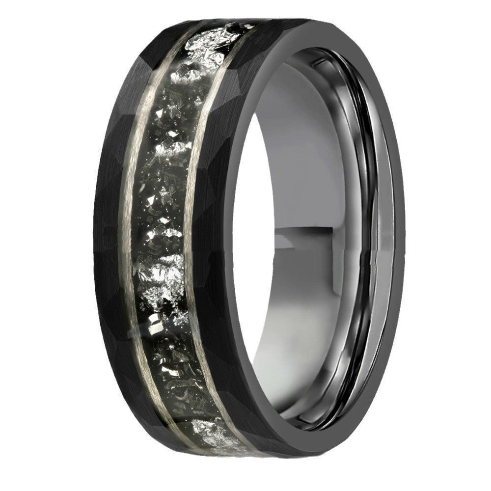 8mm Electric Black Hammer Pattern Tungsten Ring Steel Color Inner Step Inlaid Iron Chips Silver Foil